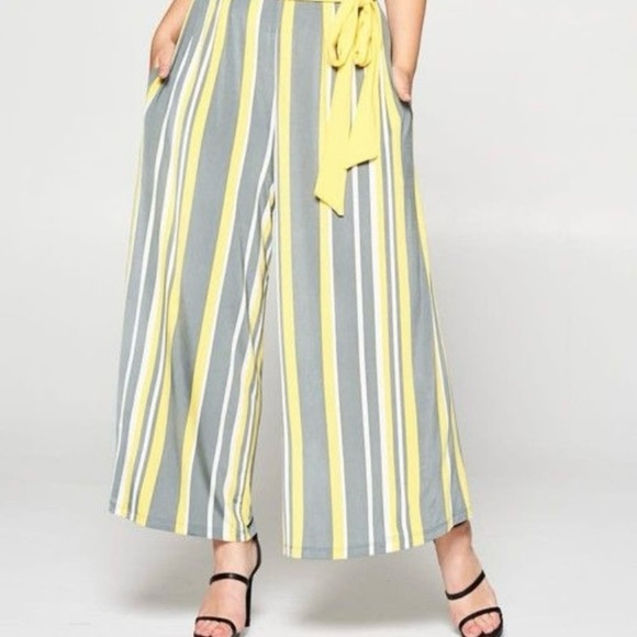New!Plus Size Yellow Striped Wide Leg Jumpsuit Belt Side Pockets Sizes 1X 2X 3X - Picture 5 of 6